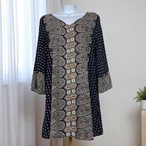Bohemian Tunic Mini Dress Paisley Floral V Neck Umgee S Black/Tan Earthy Neutral